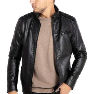 WULFUL Men’s Stand Collar Leather Jacket Motorcycle Lightweight Faux Leather Outwear(Black1301)