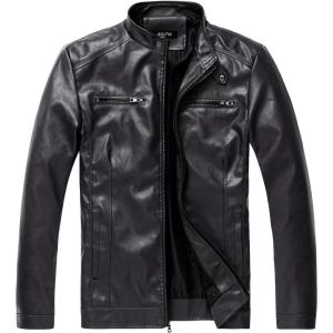 WULFUL Men’s Stand Collar Leather Jacket Motorcycle Lightweight Faux Leather Outwear(Black1303)