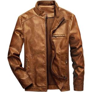 WULFUL Men’s Stand Collar Leather Jacket Motorcycle Lightweight Faux Leather Outwear(Brown)