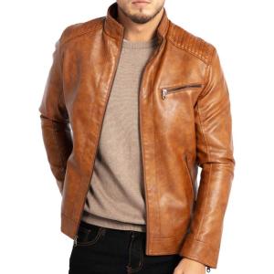 WULFUL Men’s Stand Collar Leather Jacket Motorcycle Lightweight Faux Leather Outwear(Brown1301)
