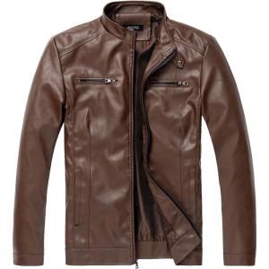 WULFUL Men’s Stand Collar Leather Jacket Motorcycle Lightweight Faux Leather Outwear(Brown1303)
