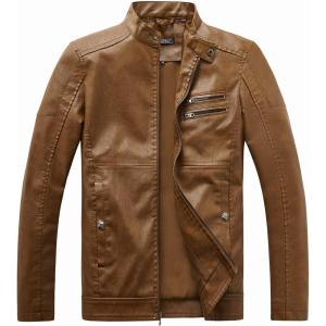 WULFUL Men’s Stand Collar Leather Jacket Motorcycle Lightweight Faux Leather Outwear(Brown1304)