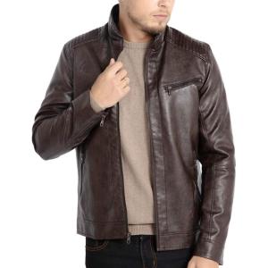 WULFUL Men’s Stand Collar Leather Jacket Motorcycle Lightweight Faux Leather Outwear(Coffee1301)