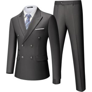 WULFUL Men’s Suits Slim Fit 2 Piece Double Breasted Suit Men Tuxedo Blazer Jacket and Dress Pants Set for Business Wedding(Dark Grey)