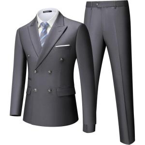 WULFUL Men’s Suits Slim Fit 2 Piece Double Breasted Suit Men Tuxedo Blazer Jacket and Dress Pants Set for Business Wedding(Grey)