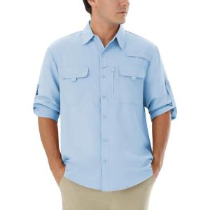 WULFUL Men’s Sun Protection Fishing Shirts UPF 50+ UV Lightweight Quick Dry Cooling Button Down Shirts for Work Hiking Safari(Light Blue)