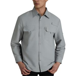WULFUL Men’s Sun Protection Fishing Shirts UPF 50+ UV Lightweight Quick Dry Cooling Button Down Shirts for Work Hiking Safari(Light Grey)