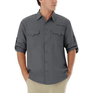WULFUL Men’s Sun Protection Fishing Shirts UPF 50+ UV Lightweight Quick Dry Cooling Button Down Shirts for Work Hiking Safari(Shadow Grey)