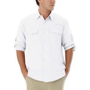 WULFUL Men’s Sun Protection Fishing Shirts UPF 50+ UV Lightweight Quick Dry Cooling Button Down Shirts for Work Hiking Safari(White)