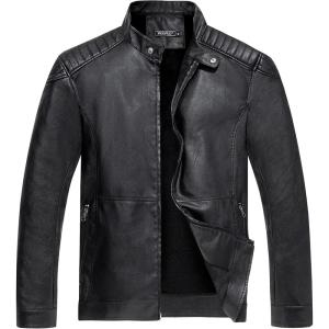WULFUL Men’s Vintage Stand Collar Leather Jacket Motorcycle PU Jacket and Coat(Black(0045))