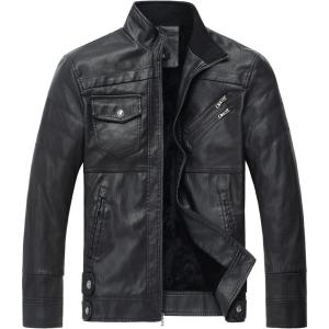 WULFUL Men’s Vintage Stand Collar Leather Jacket Motorcycle PU Jacket and Coat(Black(8833))
