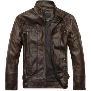 WULFUL Men’s Vintage Stand Collar Leather Jacket Motorcycle PU Jacket and Coat(Brown 1)