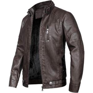WULFUL Men’s Vintage Stand Collar Leather Jacket Motorcycle PU Jacket and Coat(Brown 2)