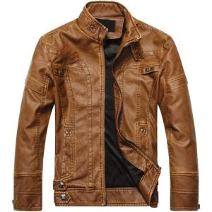 WULFUL Men’s Vintage Stand Collar Leather Jacket Motorcycle PU Jacket and Coat(Khaki 1)