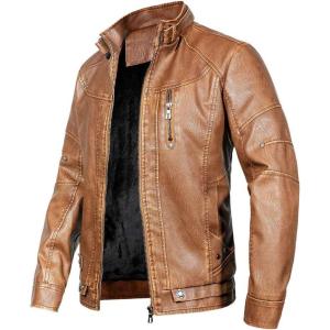 WULFUL Men’s Vintage Stand Collar Leather Jacket Motorcycle PU Jacket and Coat(Khaki 2)