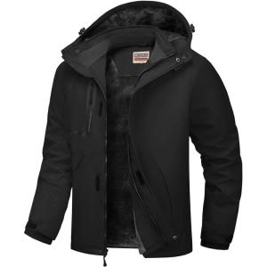 WULFUL Men’s Waterproof Ski Jacket Warm Winter Coats Windproof Winter Jackets for Men Fleece Lined Windbreaker with Hood(Black)