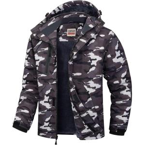 WULFUL Men’s Waterproof Ski Jacket Warm Winter Coats Windproof Winter Jackets for Men Fleece Lined Windbreaker with Hood(Black Camo)