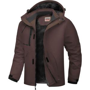WULFUL Men’s Waterproof Ski Jacket Warm Winter Coats Windproof Winter Jackets for Men Fleece Lined Windbreaker with Hood(Coffee)