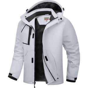 WULFUL Men’s Waterproof Ski Jacket Warm Winter Coats Windproof Winter Jackets for Men Fleece Lined Windbreaker with Hood(Light Grey)