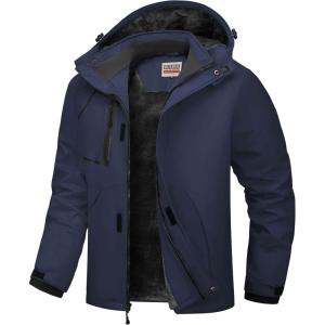 WULFUL Men’s Waterproof Ski Jacket Warm Winter Coats Windproof Winter Jackets for Men Fleece Lined Windbreaker with Hood(Navy Blue)