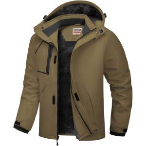 WULFUL Men’s Waterproof Ski Jacket Warm Winter Coats Windproof Winter Jackets for Men Fleece Lined Windbreaker with Hood(Olive Brown)