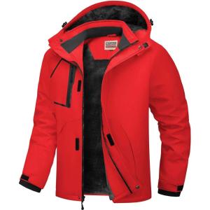 WULFUL Men’s Waterproof Ski Jacket Warm Winter Coats Windproof Winter Jackets for Men Fleece Lined Windbreaker with Hood(Red)