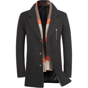 WULFUL Men’s Wool Blend Winter Coat Slim Fit Short Trenchcoat Warm Business Jacket with Detachable Soft Wool Scarf(Black 01)
