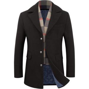 WULFUL Men’s Wool Blend Winter Coat Slim Fit Short Trenchcoat Warm Business Jacket with Detachable Soft Wool Scarf(Black 02)
