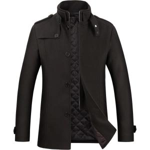 WULFUL Men’s Wool Blend Winter Coat Slim Fit Short Trenchcoat Warm Business Jacket with Detachable Soft Wool Scarf(Black037)