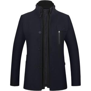 WULFUL Men’s Wool Blend Winter Coat Slim Fit Short Trenchcoat Warm Business Jacket with Detachable Soft Wool Scarf(Black(1718))