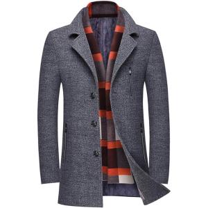 WULFUL Men’s Wool Blend Winter Coat Slim Fit Short Trenchcoat Warm Business Jacket with Detachable Soft Wool Scarf(Grey 01)