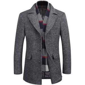 WULFUL Men’s Wool Blend Winter Coat Slim Fit Short Trenchcoat Warm Business Jacket with Detachable Soft Wool Scarf(Grey 02)