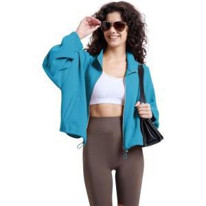 WULFUL Women’s Full Zip Cropped Sweatshirt Long Sleeve Stand Collar Casual Jacket Short(Turquoise)