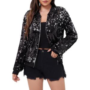 WULFUL Women’s Sequin Jackets Sparkly Glitter Long Sleeve Front Zip Bomber Blazers Party Costume(Black-silver)