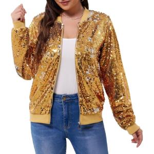 WULFUL Women’s Sequin Jackets Sparkly Glitter Long Sleeve Front Zip Bomber Blazers Party Costume(Gold-sliver)