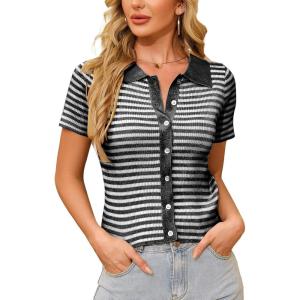 WULFUL Womens Short Sleeve Striped Pullover Sweater Cardigan Ribbed Knit Casual V Neck Shirt Tops(Black)