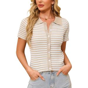 WULFUL Womens Short Sleeve Striped Pullover Sweater Cardigan Ribbed Knit Casual V Neck Shirt Tops(Khaki)