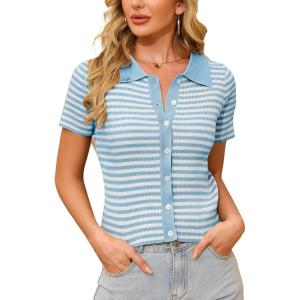 WULFUL Womens Short Sleeve Striped Pullover Sweater Cardigan Ribbed Knit Casual V Neck Shirt Tops(Lake Blue)