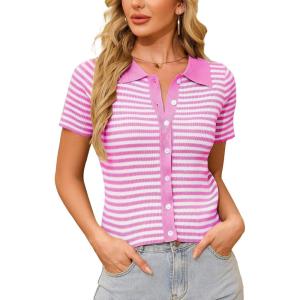 WULFUL Womens Short Sleeve Striped Pullover Sweater Cardigan Ribbed Knit Casual V Neck Shirt Tops(Rose Red)