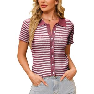 WULFUL Womens Short Sleeve Striped Pullover Sweater Cardigan Ribbed Knit Casual V Neck Shirt Tops(Wine)