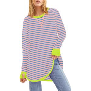 WULFUL Womens Striped Long Sleeve Tops Oversized Sweatshirt 2024 Fall Crewneck Casual Loose T-Shirts with Thumb Holes(Blue Pink)
