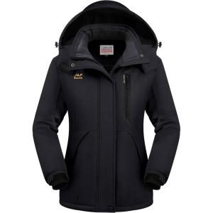 WULFUL Women’s Waterproof Snow Ski Jacket Mountain Windproof Winter Coat with Detachable Hood(Black)