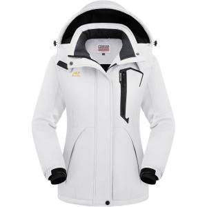 WULFUL Women’s Waterproof Snow Ski Jacket Mountain Windproof Winter Coat with Detachable Hood(White)