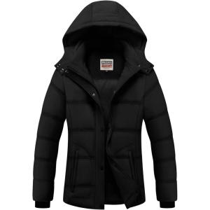 WULFUL Women’s Winter Coats Lightweight Warm Thicken Puffer Jacket Waterproof Quilted Winter Jackets with Removable Hood(Black)