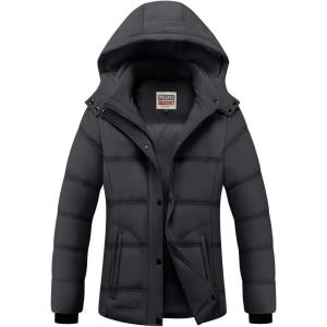 WULFUL Women’s Winter Coats Lightweight Warm Thicken Puffer Jacket Waterproof Quilted Winter Jackets with Removable Hood(Dark Grey)