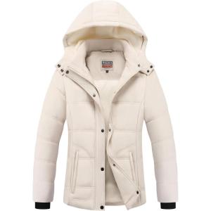 WULFUL Women’s Winter Coats Lightweight Warm Thicken Puffer Jacket Waterproof Quilted Winter Jackets with Removable Hood(Khaki)