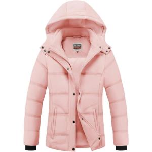 WULFUL Women’s Winter Coats Lightweight Warm Thicken Puffer Jacket Waterproof Quilted Winter Jackets with Removable Hood(Pink)