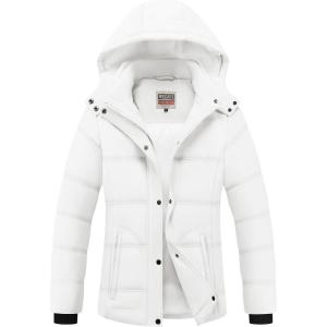 WULFUL Women’s Winter Coats Lightweight Warm Thicken Puffer Jacket Waterproof Quilted Winter Jackets with Removable Hood(White)