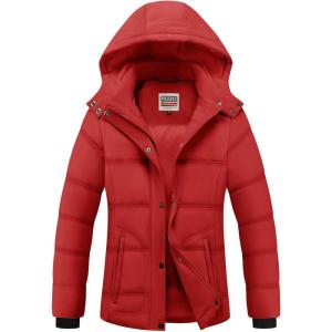 WULFUL Women’s Winter Coats Lightweight Warm Thicken Puffer Jacket Waterproof Quilted Winter Jackets with Removable Hood(Wine Red)