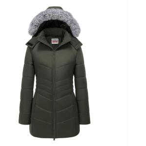 WULFUL Women’s Winter Coats Long Warm Thicken Puffer Jackets Outwear With Removable Fur Hood(Army Green)